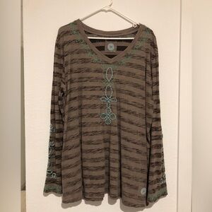 Double D Ranch Taupe Long Sleeve Top with Teal Embroidery 1X